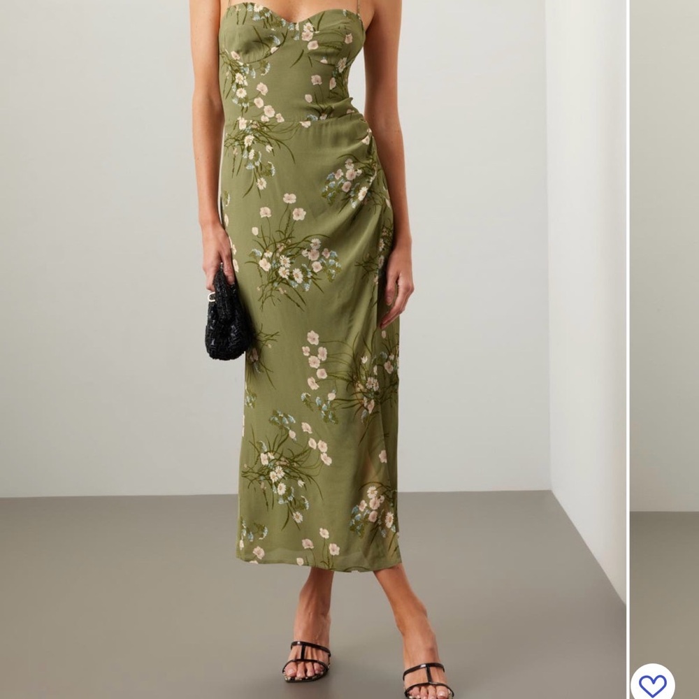 Reformation Green Floral Slip Kimberly Dress with Cream Blooms